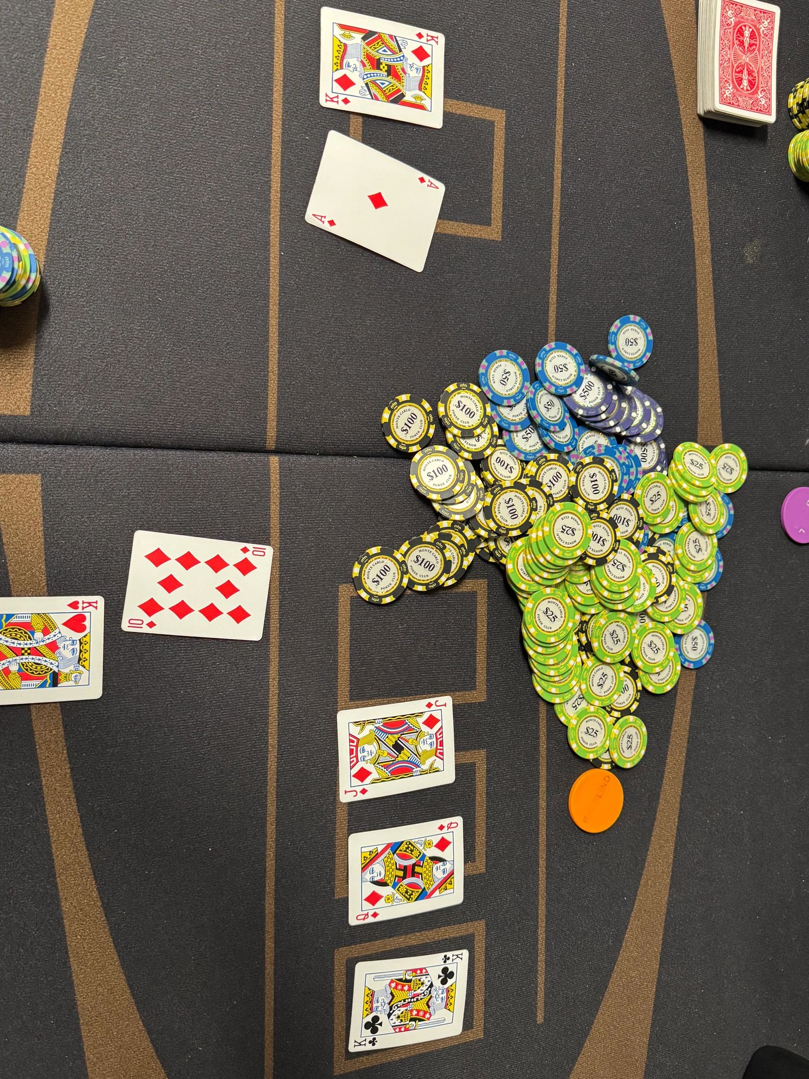 Poker table overhead — chips and cards